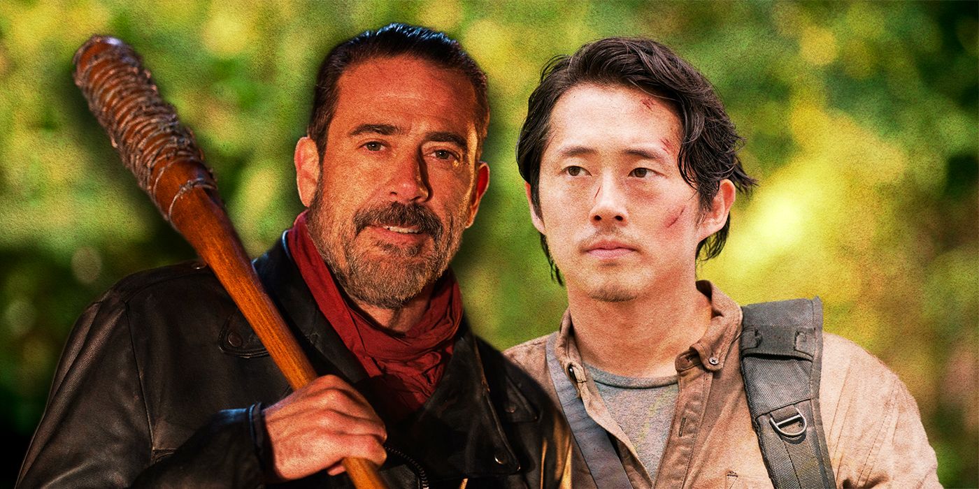 The Walking Dead image featuring Negan grinning while holding Lucille and Glenn looking serious