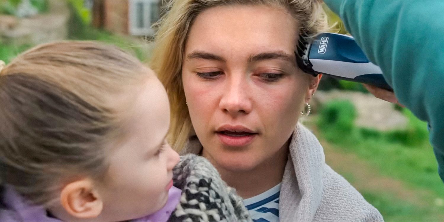 Almut (Florence Pugh) being shaved while holding her daughter in her arms in We Live in Time