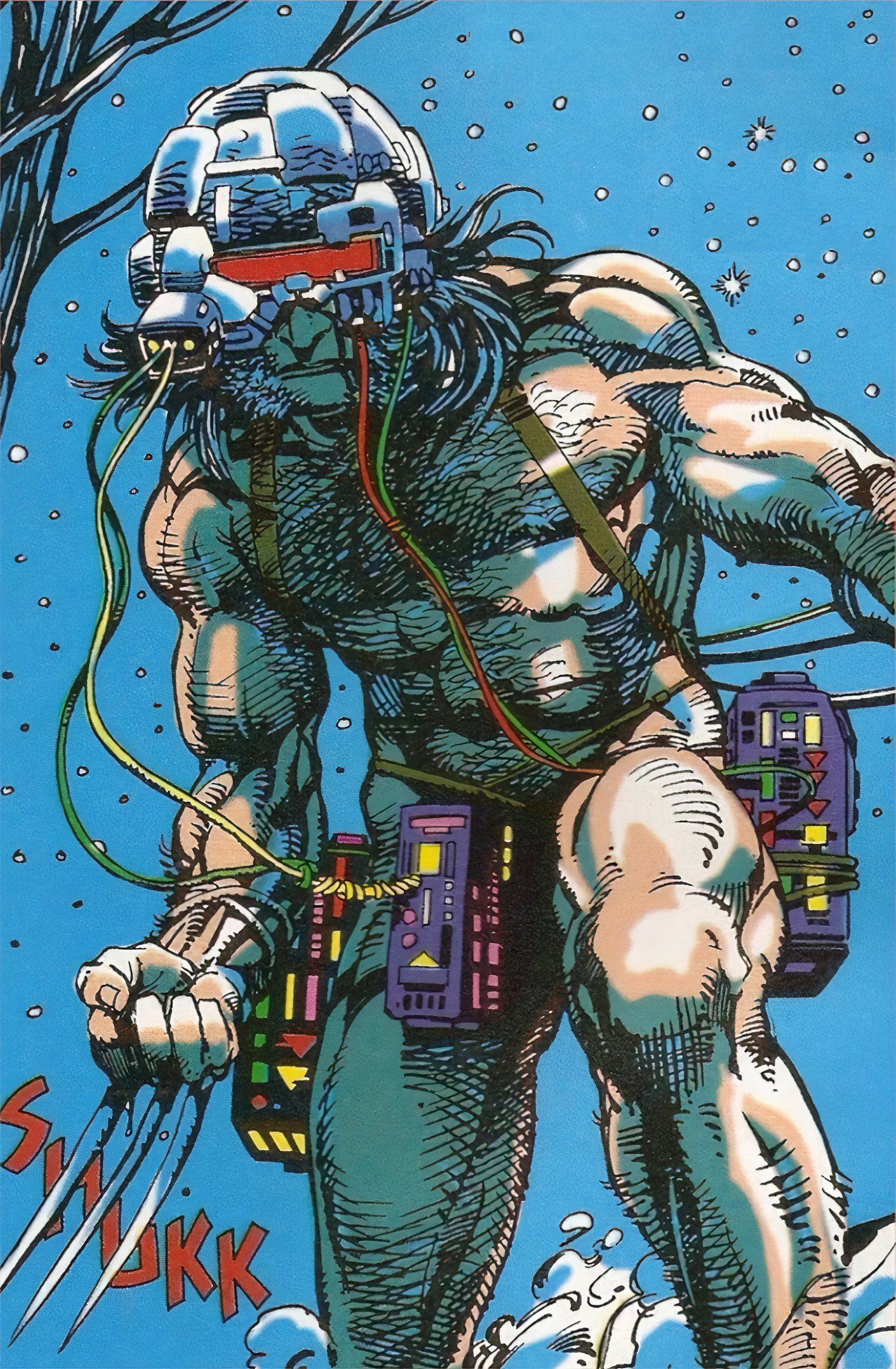 Weapon X by Barry Windsor Smith Wolverine in a hi-tech helmet in snowy landscape