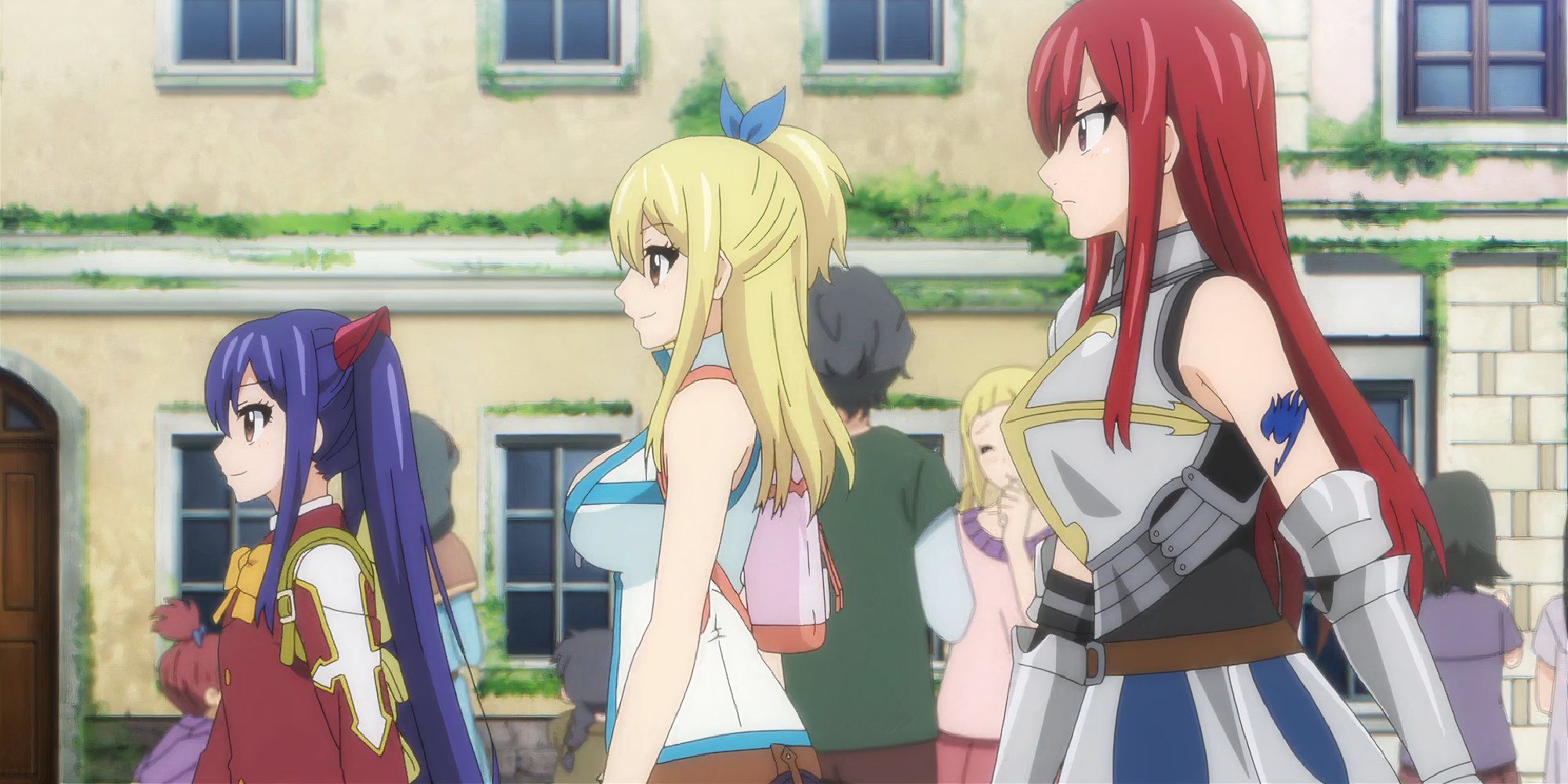 wendy, lucy and erza from fairy tail walking through elmina in the 100 years quest anime