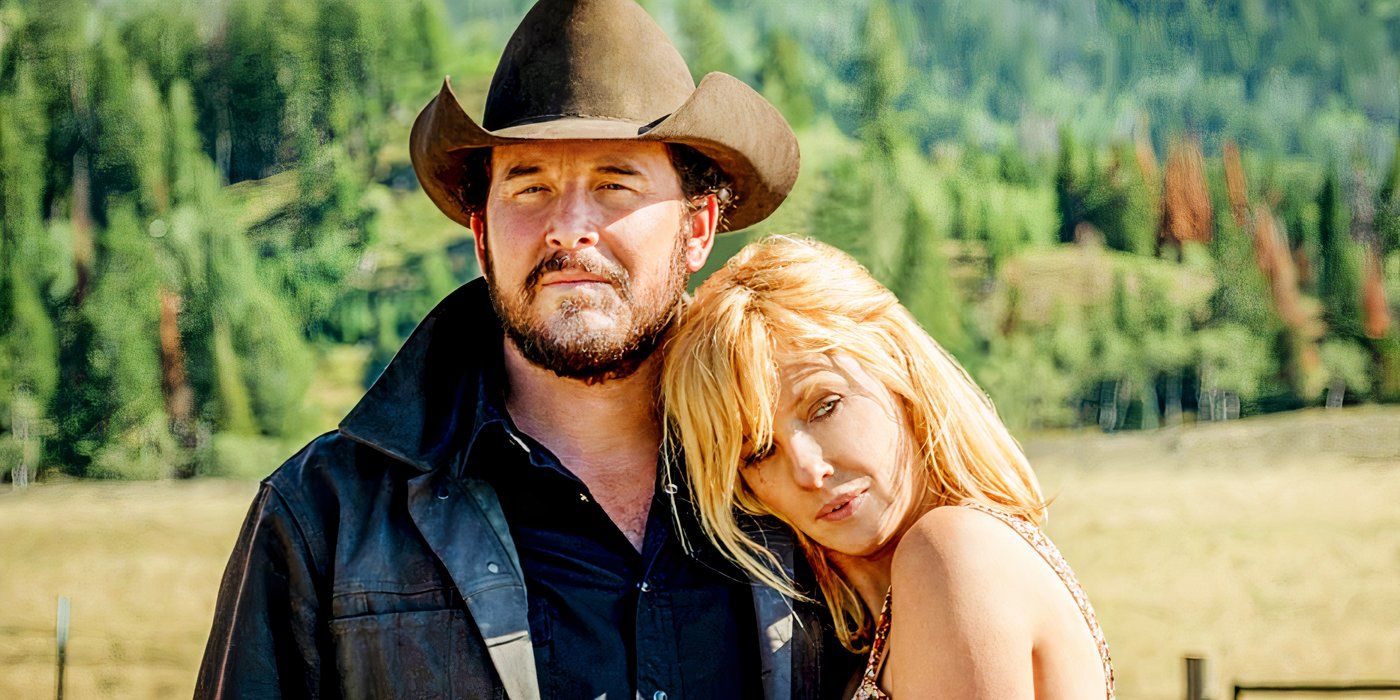 Kelly Reilly as Beth holds onto Cole Hauser's Rip in Yellowstone