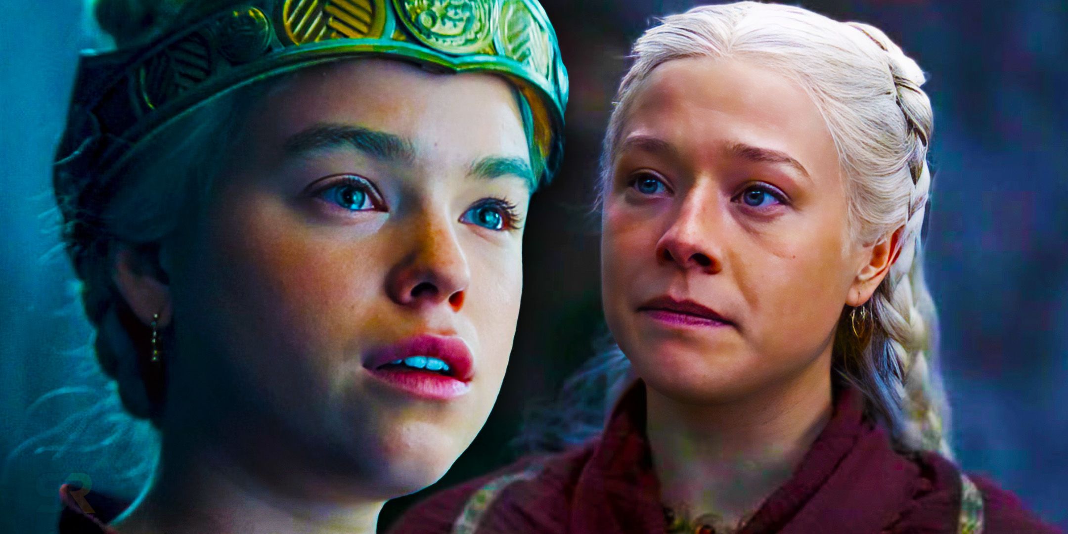 Young Rhaenyra Targaryen (Milly Alcock) wearing a crown in House of the Dragon season 2 with Emma D'Arcy as adult Rhaenyra in season 1