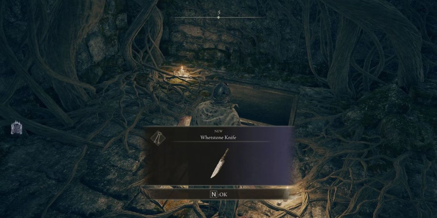 Player picking up the Whetstone Knife from a chest in Elden Ring.