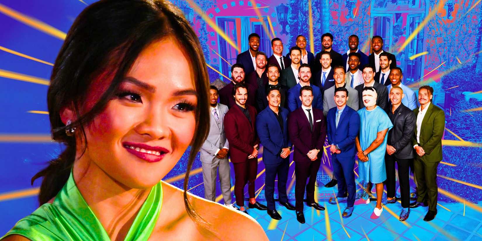 The Bachelorette 21 Jenn Tran smiling with cast promo shot behind her