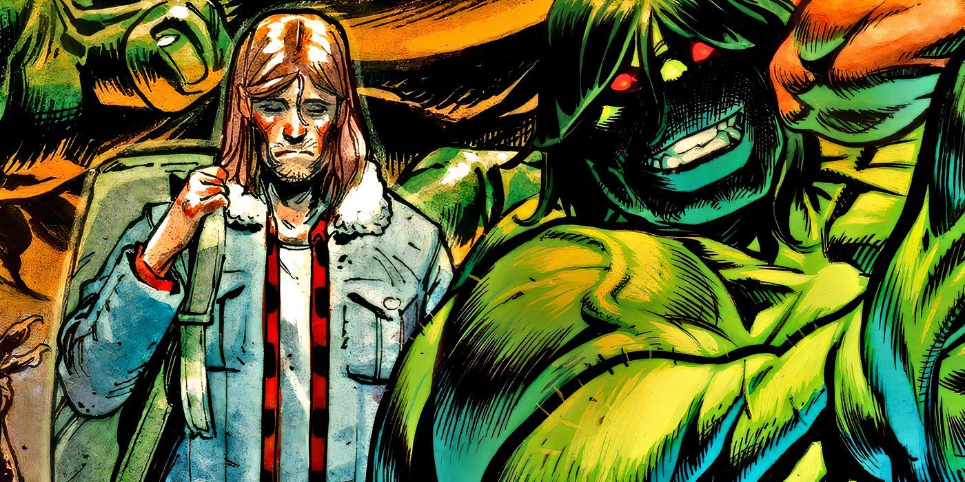 Hulk grinning with red eyes as Bruce Banner looking miserable behind him.