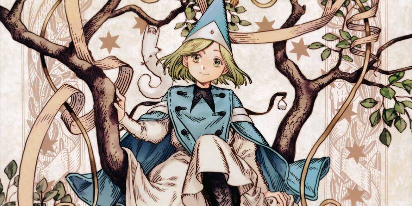 witch hat atelier manga panel in color with Coco sitting on a tree and smiling