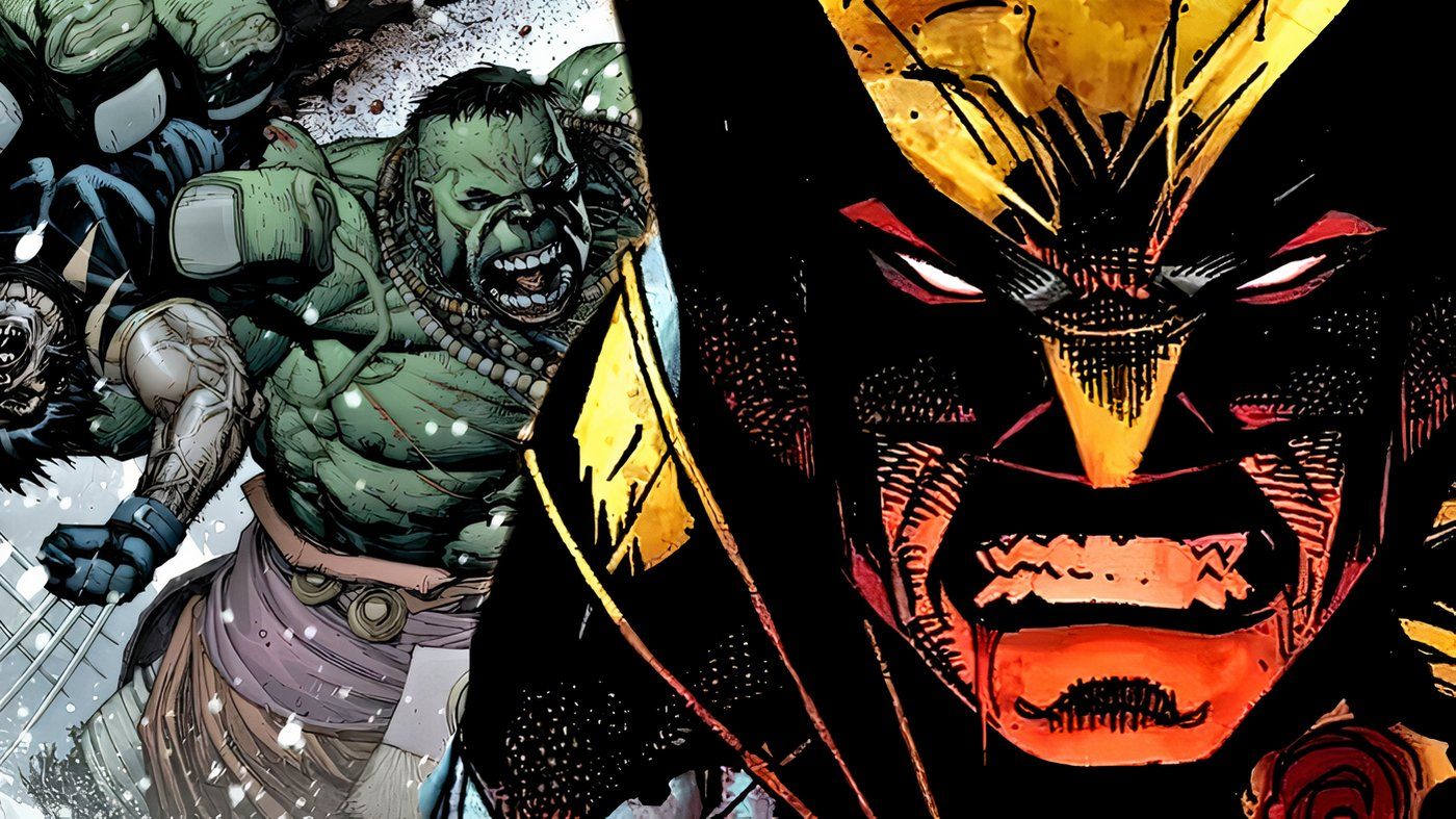 Wolverine bloody and snarling while the Hulk rips another version of Wolverine in half behind him.
