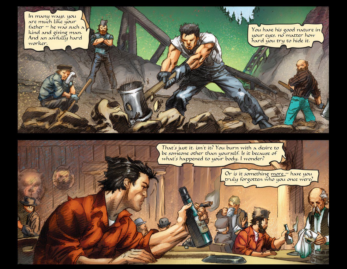 (Painel superior) Wolverine quebrando pedras na pedreira; (painel inferior) Wolverine no bar depois do trabalho.