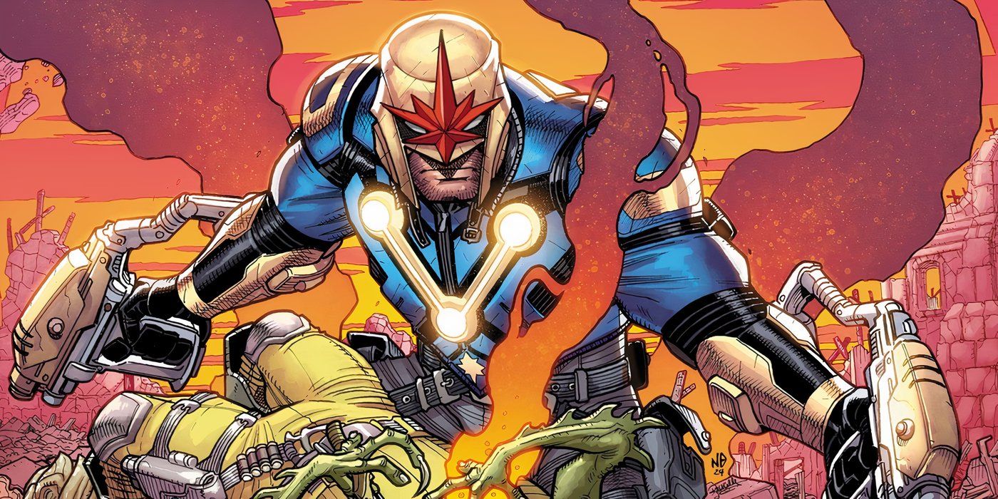 Wolverine em seu uniforme Nova em pé sobre inimigos alienígenas derrotados.