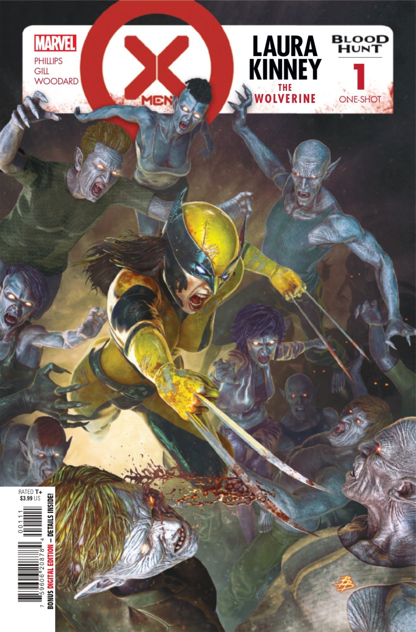 X-Men: Blood Hunt - Laura Kinney the Wolverine #1 capa com Laura lutando contra vampiros.