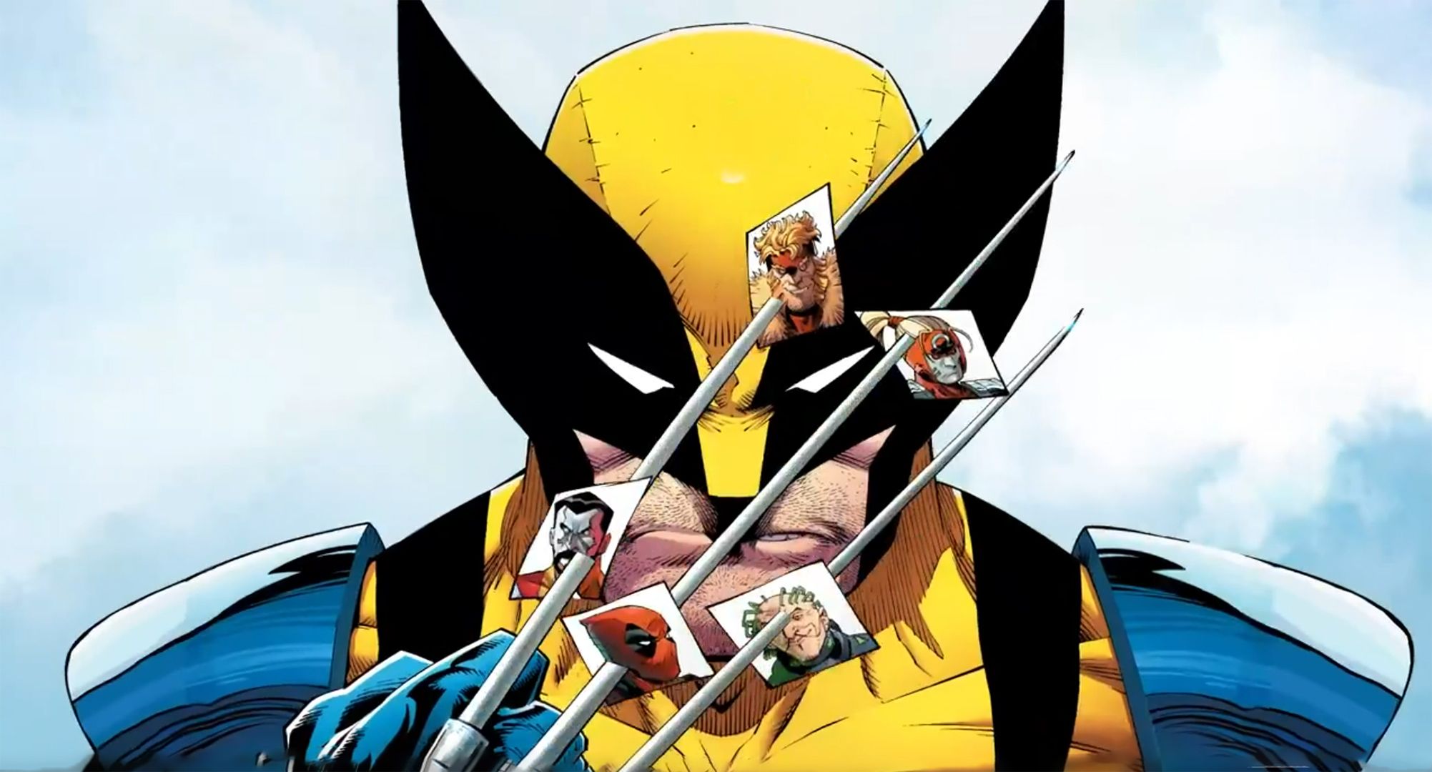 Still from Wolverine: Revenge trailer of Wolverine with small photos stuck on his bloody claws: Colossus, Sabretooth, Deadpool, Omega Red,