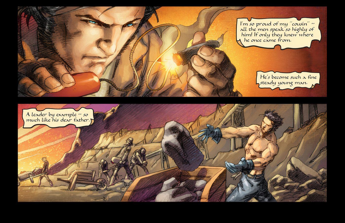 Wolverine trabalhando em uma pedreira, após fugir da propriedade Howlett.