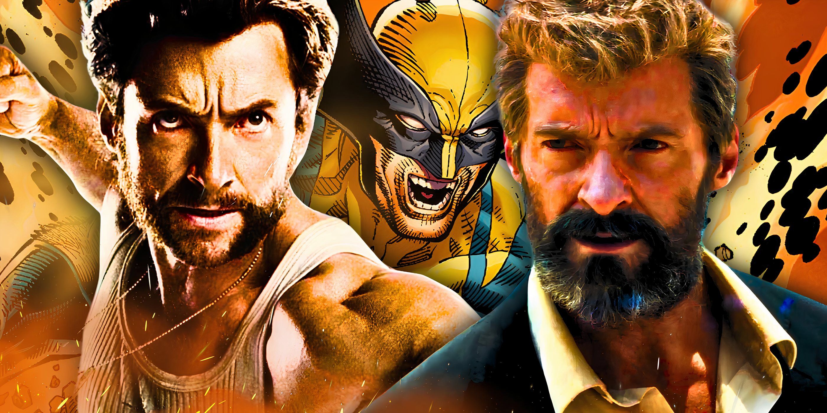 Hugh Jackman as Wolverine in Logan and the X-Men movies with Wolverine from X-Men comics