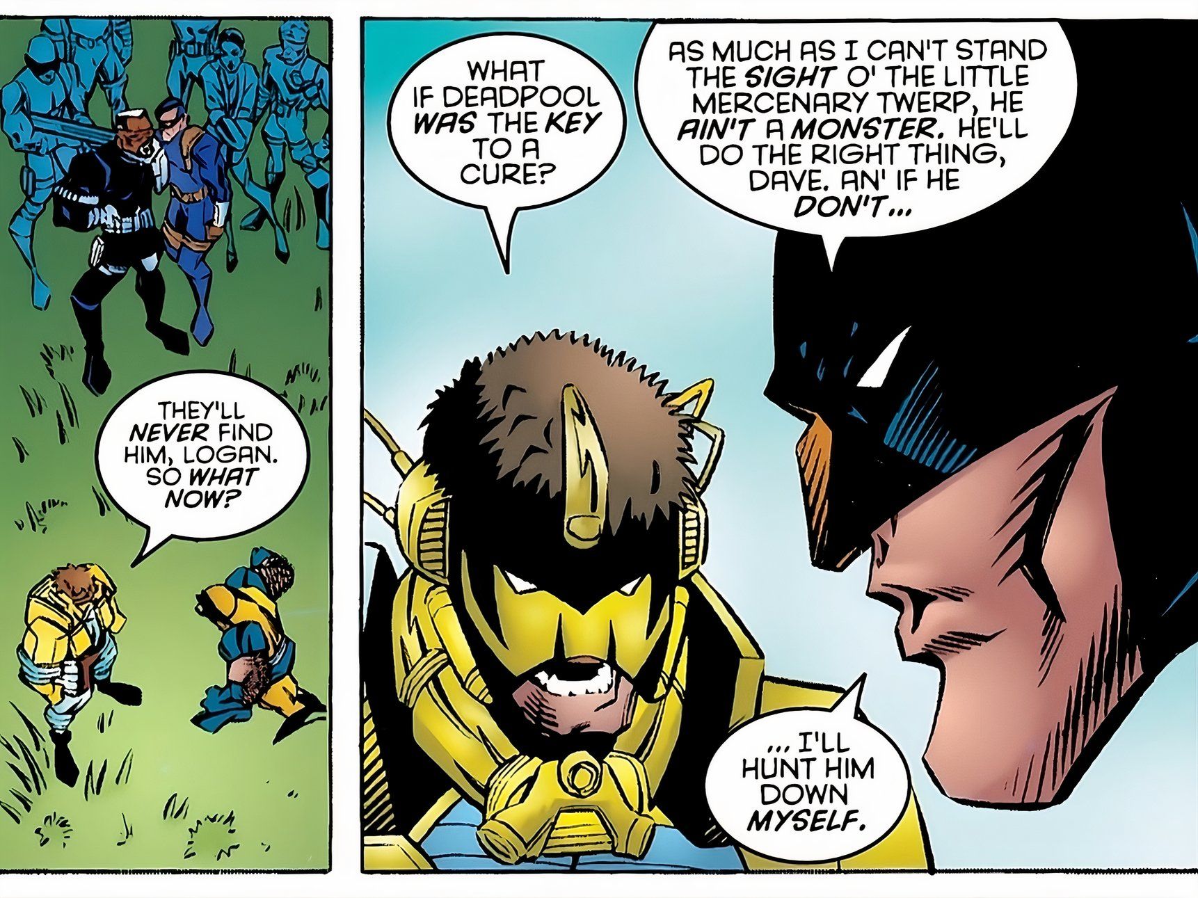 Wolverine diz a Maverick que Deadpool não é um monstro, mas precisa ser capturado.