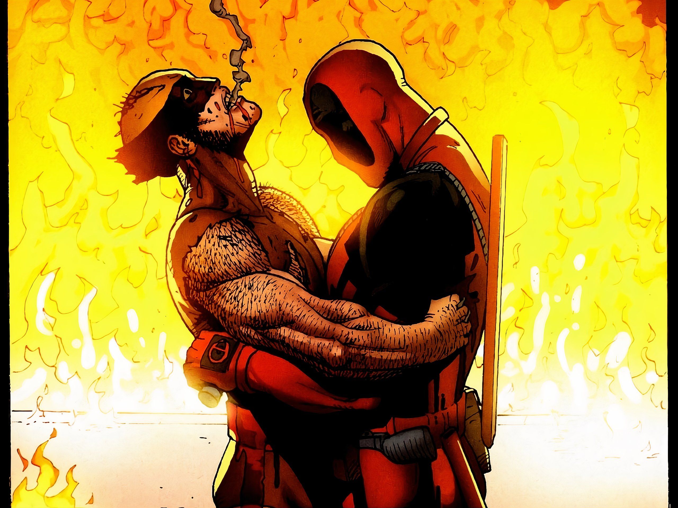 After a long and gruesome fight, Wolverine and Deadpool embrace each other in a hug.