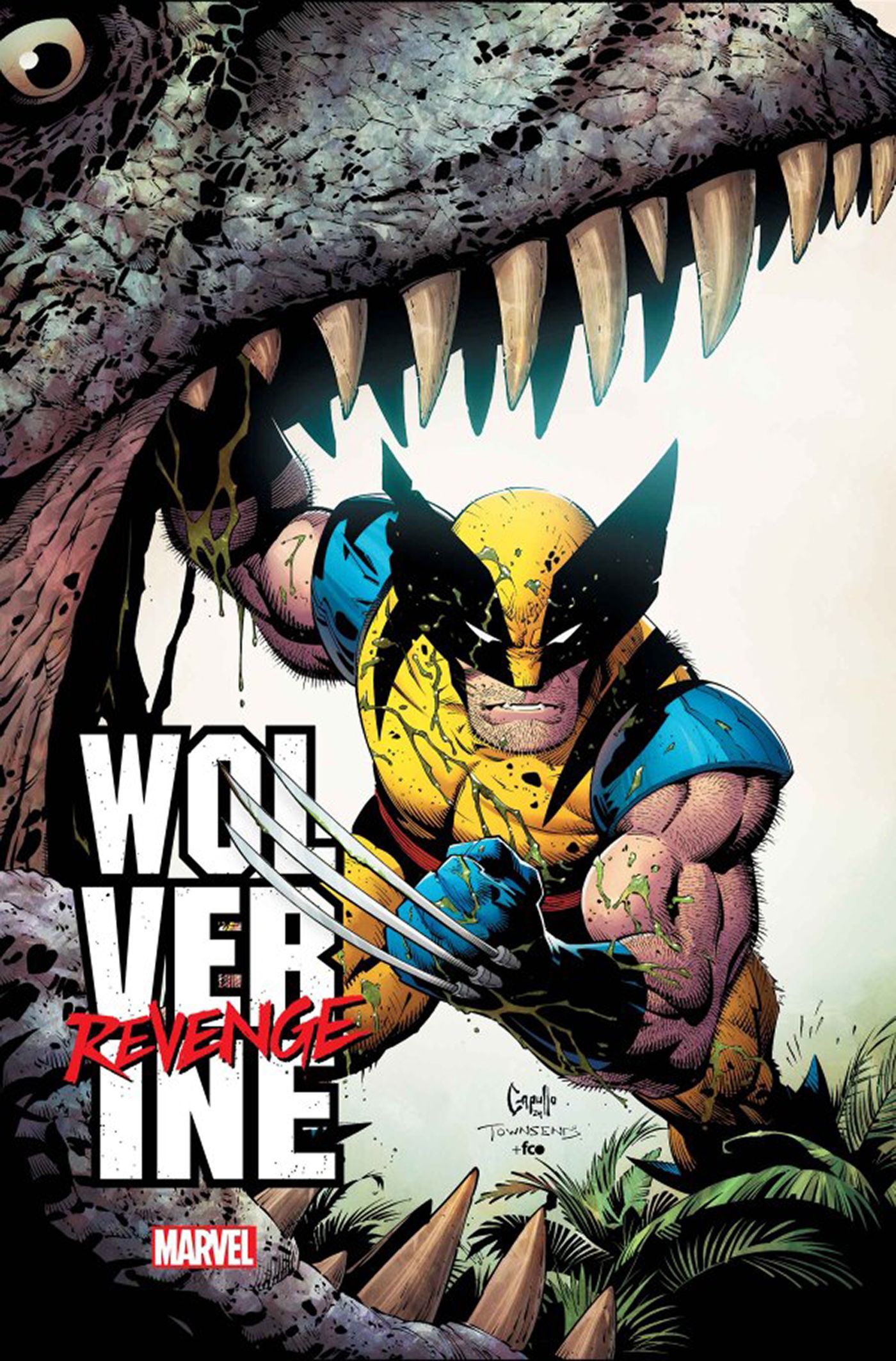 Wolverine: Revenge #1 Cover featuring Wolverine standing bloody, claws out, inside a surprised dinosaur&rsquo;s mouth