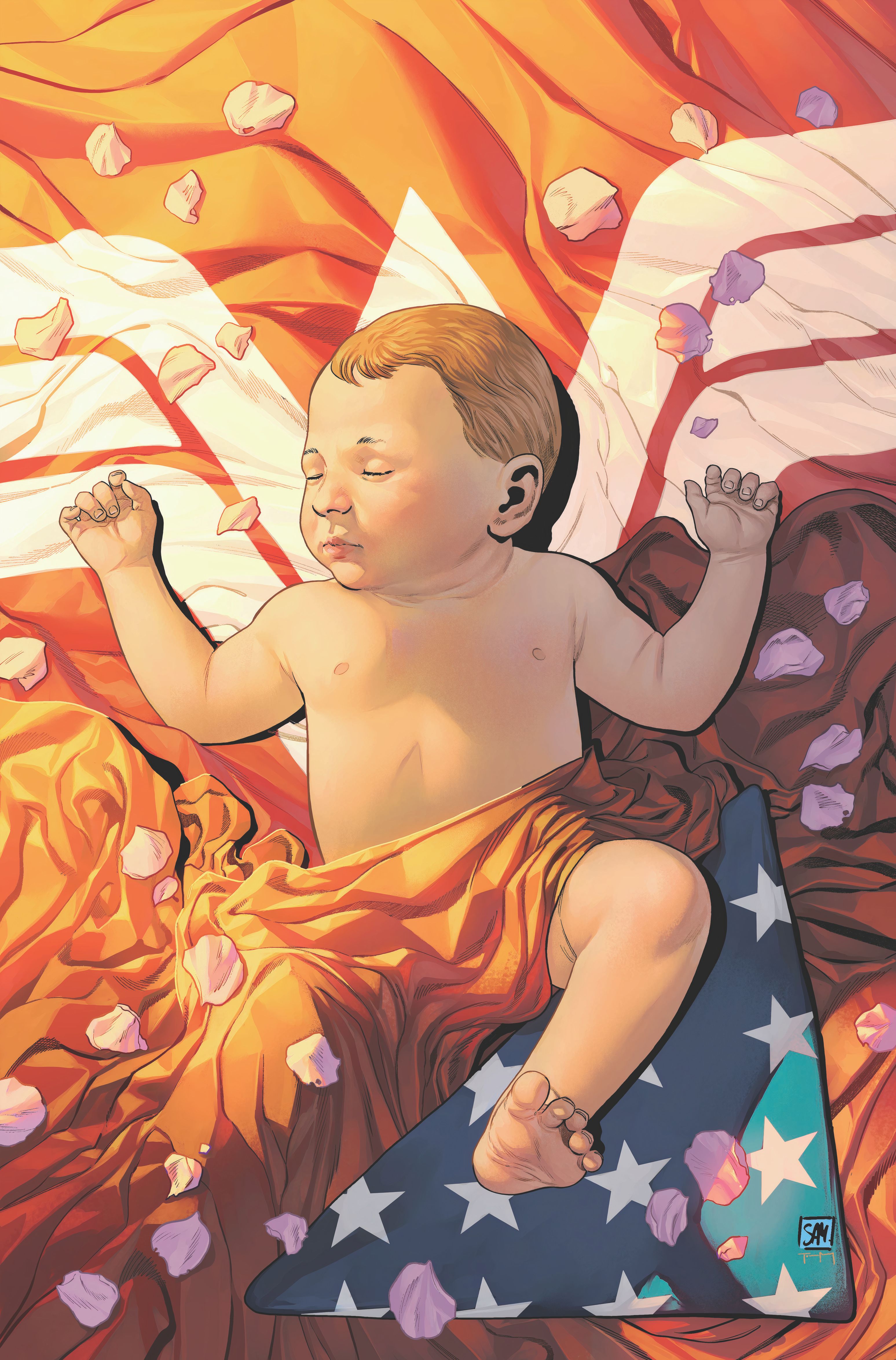 Wonder Woman 14 Sampere Variant cover: newborn Trinity Lizzie Prince is superimposed over the Wonder Woman icon with a folded American flag.