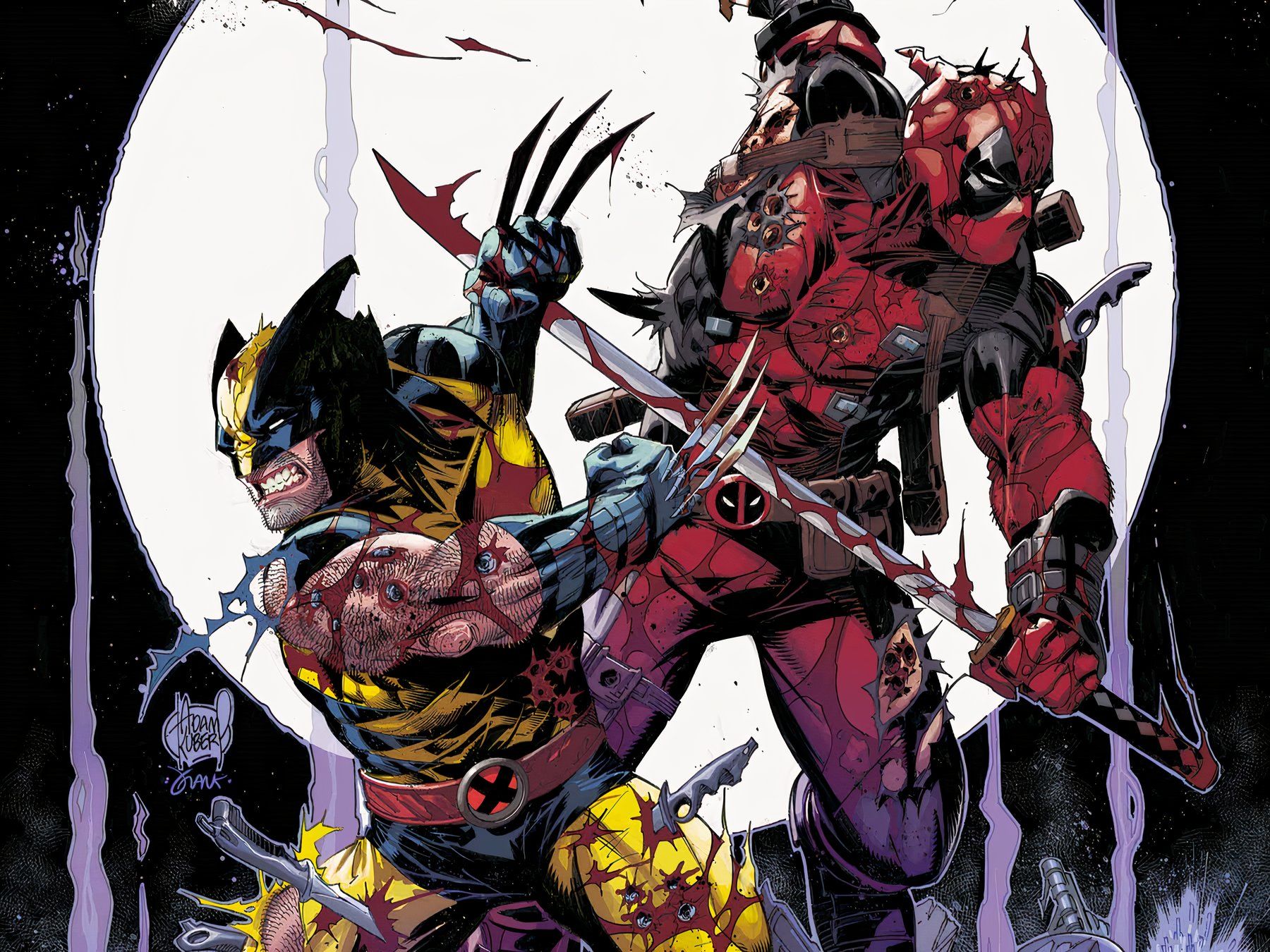 Deadpool and Wolverine, bloodied after battle, stand together ready for a fight.