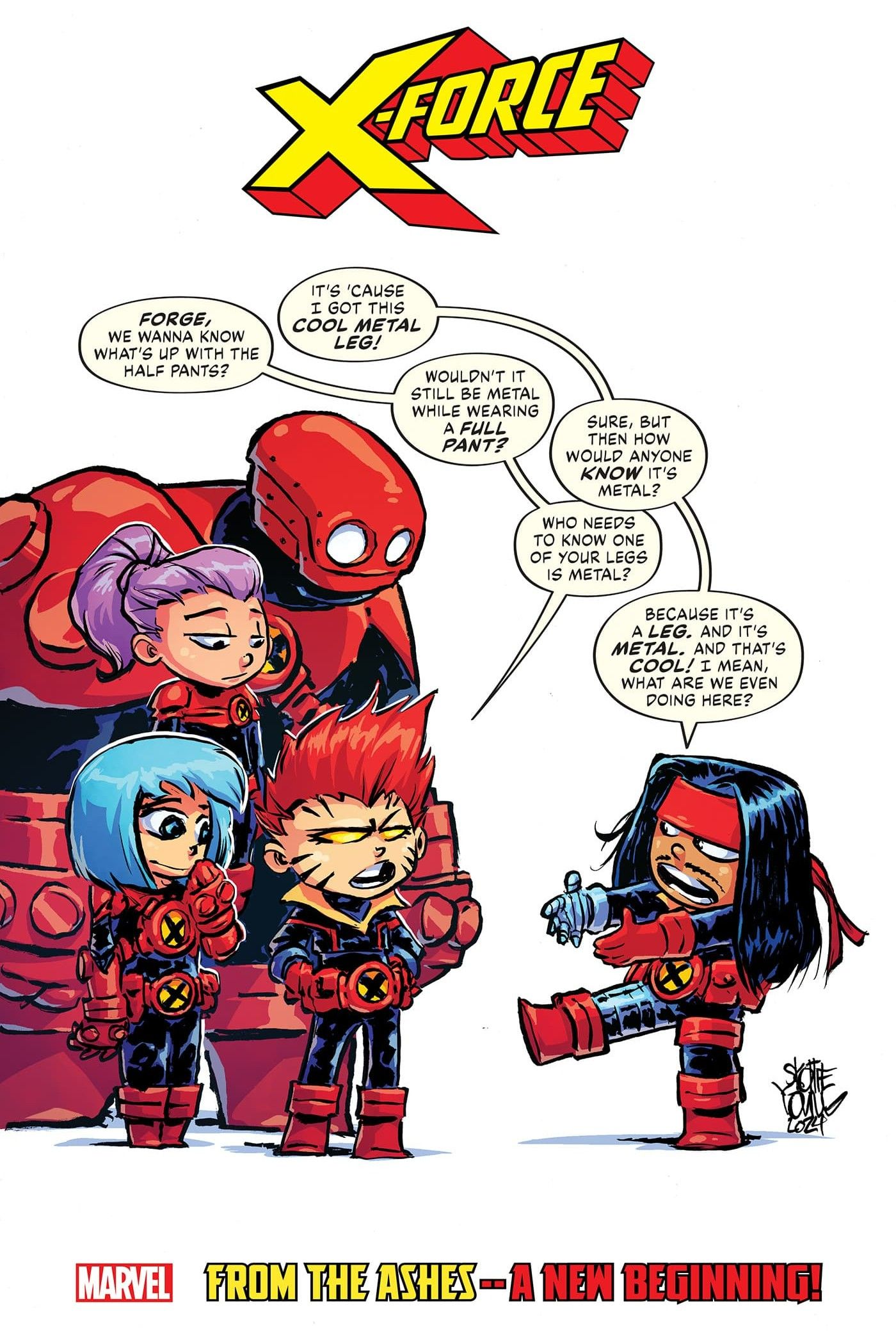 Forge discute sua perna legal com seus companheiros de equipe X-Force na capa variante de Skottie Young para X-Force #1