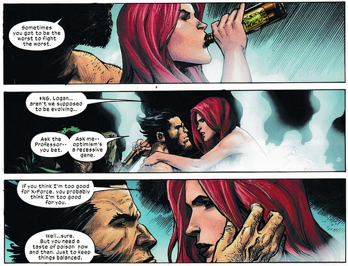 X-Force #10, Jean Grey y Wolverine comparten una bebida y un momento íntimo.