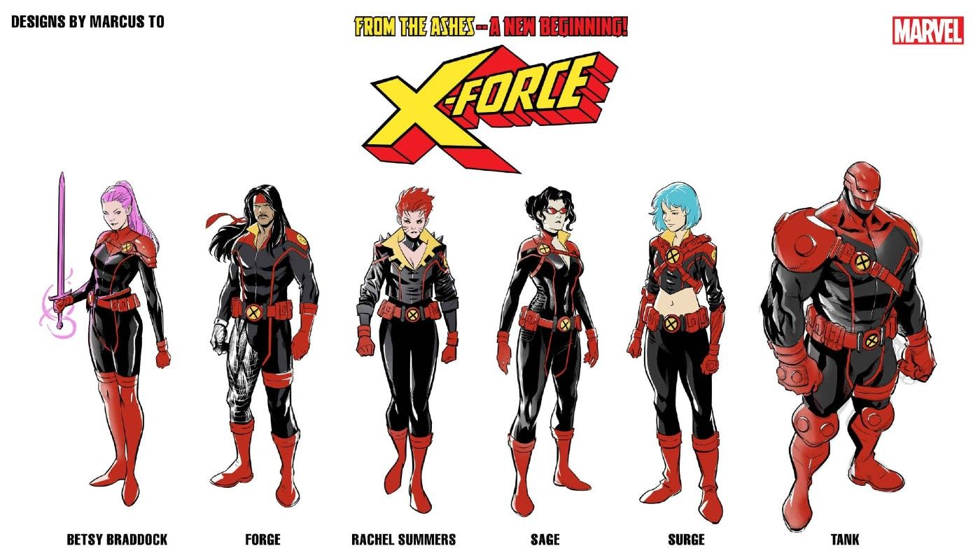 Os membros do X-Force Betsy Braddock, Forge, Rachel Summers, Sage, Surge e Tank estão alinhados em uma ficha de design de personagem de Marcus To.