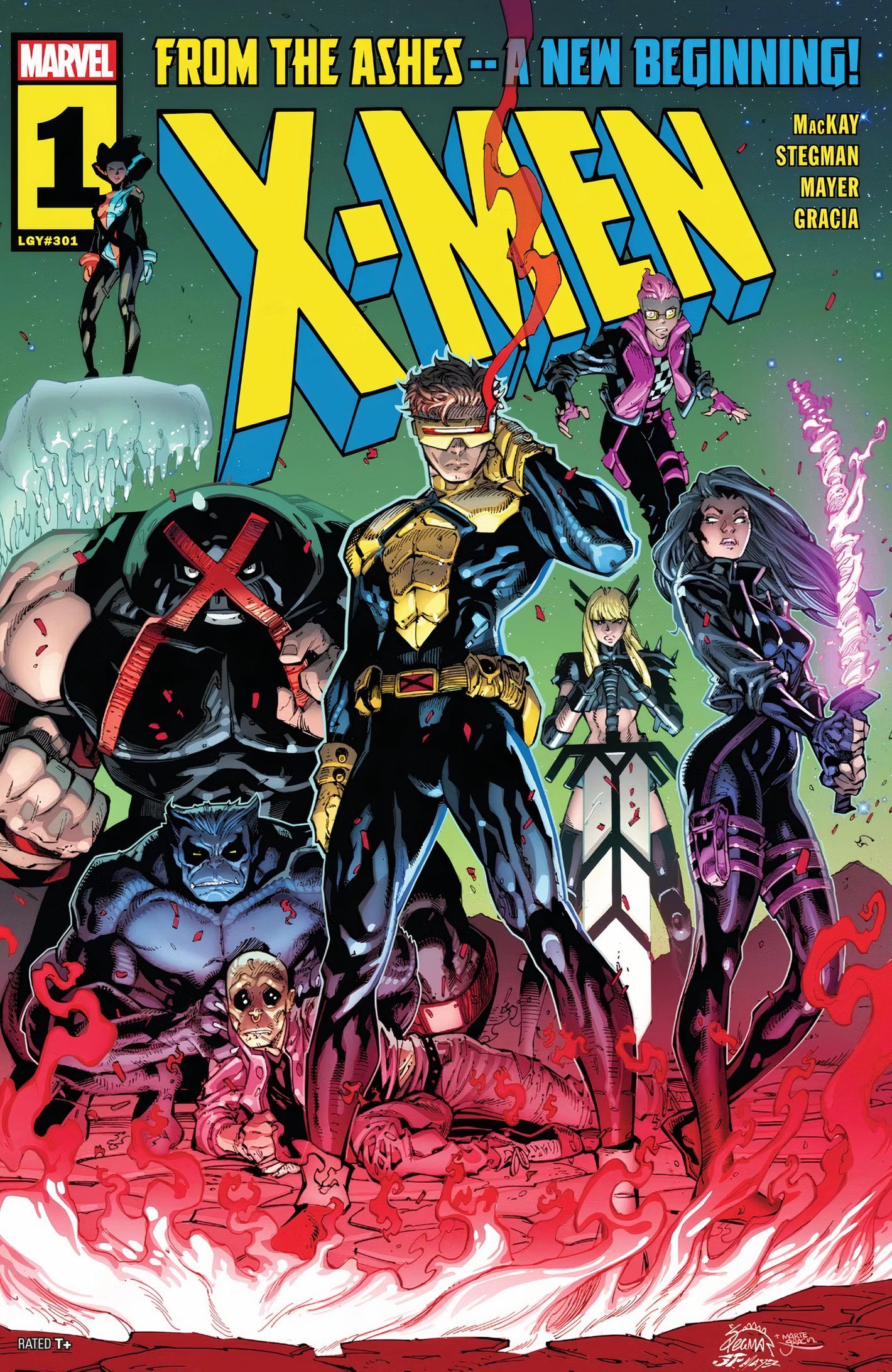 Cyclops, Psylock, Juggernaut, Magik, and Kid Omega stand together as X-Men. 
