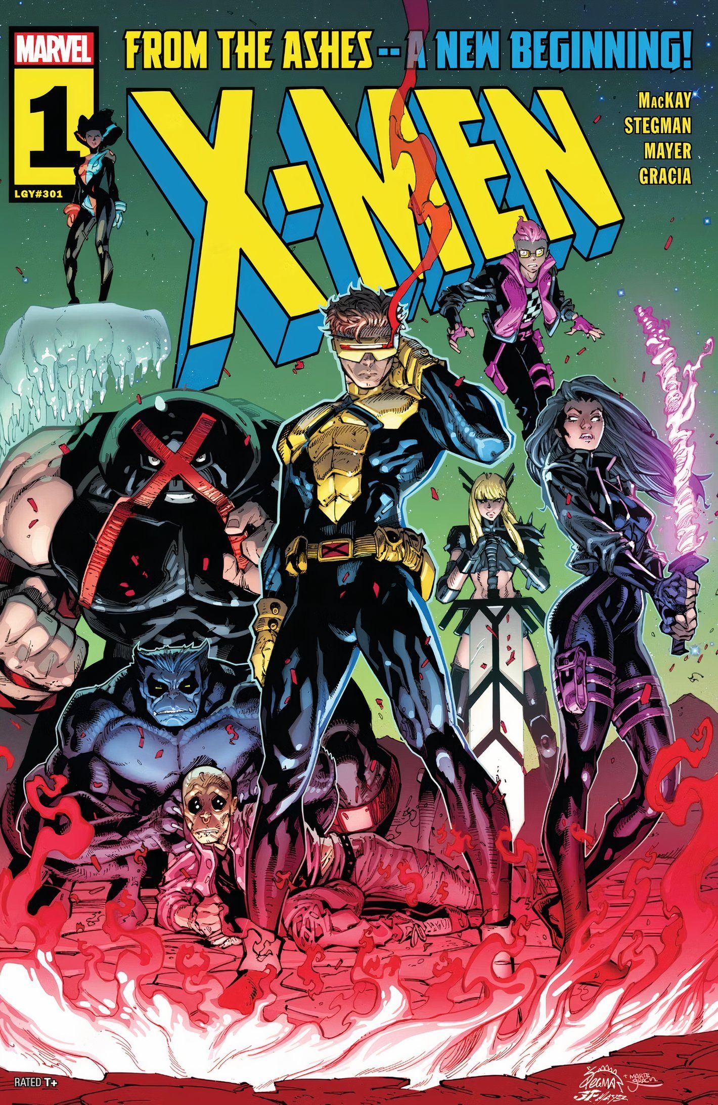 Cyclops, Psylock, Juggernaut, Magik y Kid Omega están juntos como los X-Men. 