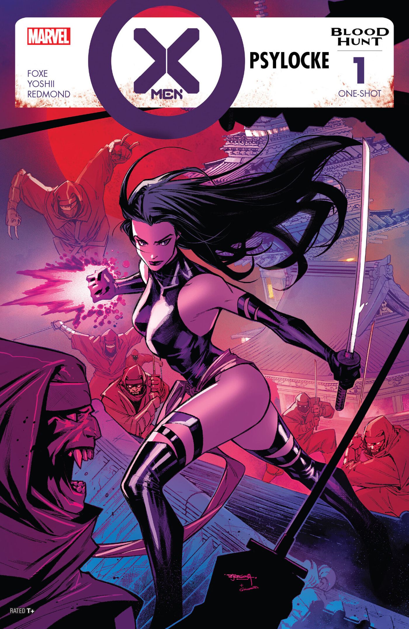 Capa de X-Men Blood Hunt Psylocke # 1, Kwannon em ação, enquanto ela é atacada por vampiros e outras criaturas malignas.