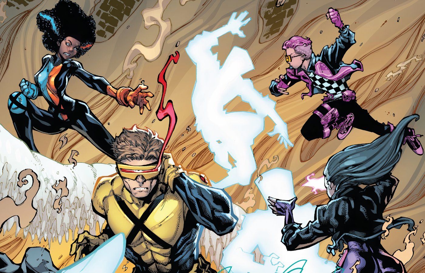 Cd Omega, Cyclops, Psylocke y Temper son atacados por enemigos en los cómics de X-Men.