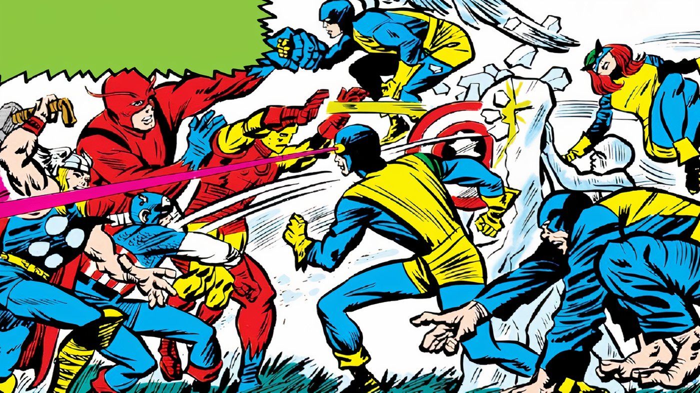 The original X-Men fighting the founding Avengers.