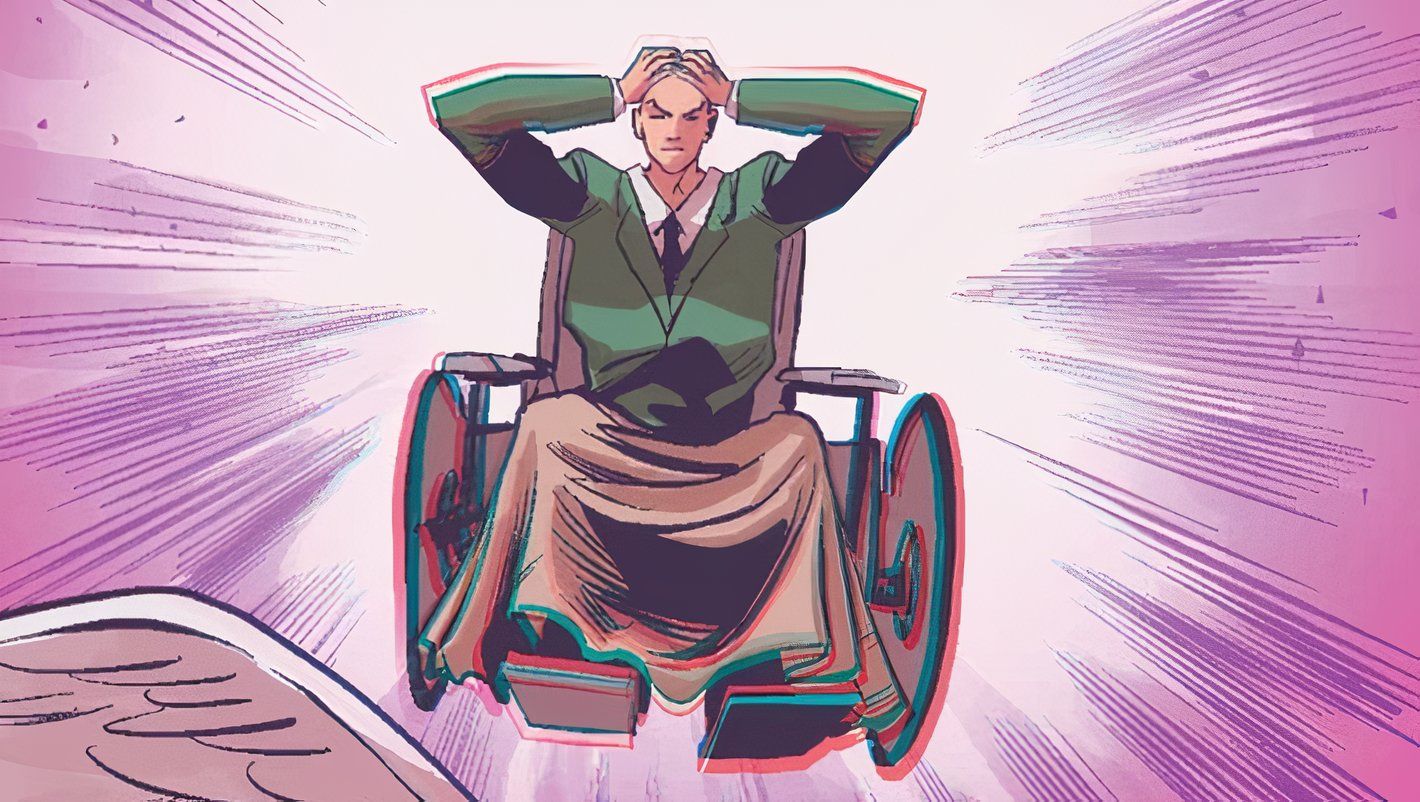 Charles Xavier, em sua clássica cadeira de rodas, usando seus poderes psíquicos em uma explosão de luz roxa.