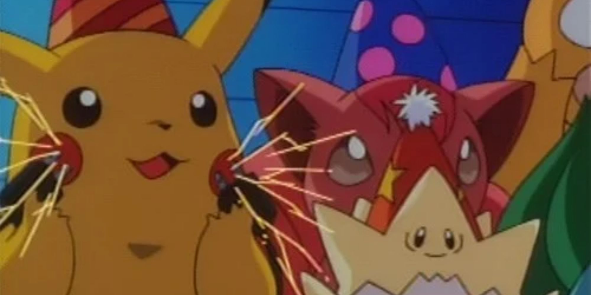 Pikachu, Togepi e Vulpix usando chapéus de festa no anime Pokémon