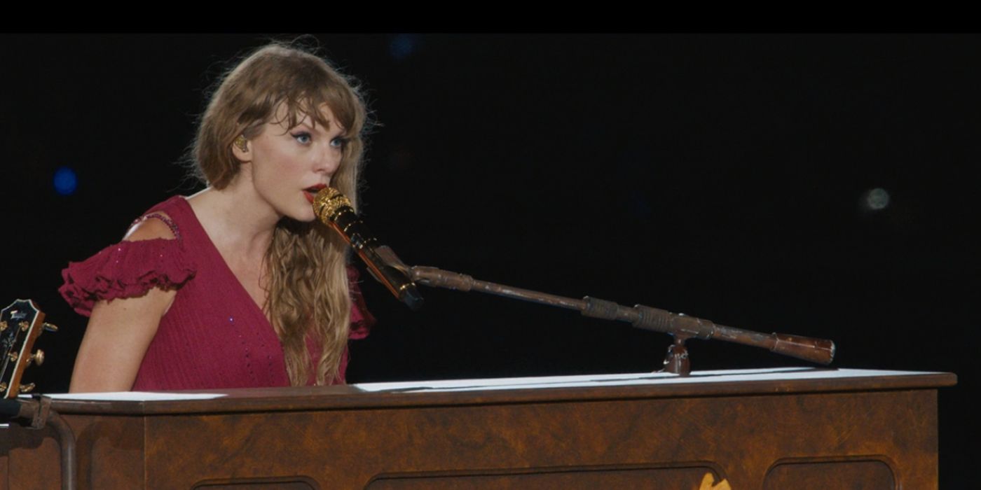 Taylor Swift performing with a piano on the Eras Tour