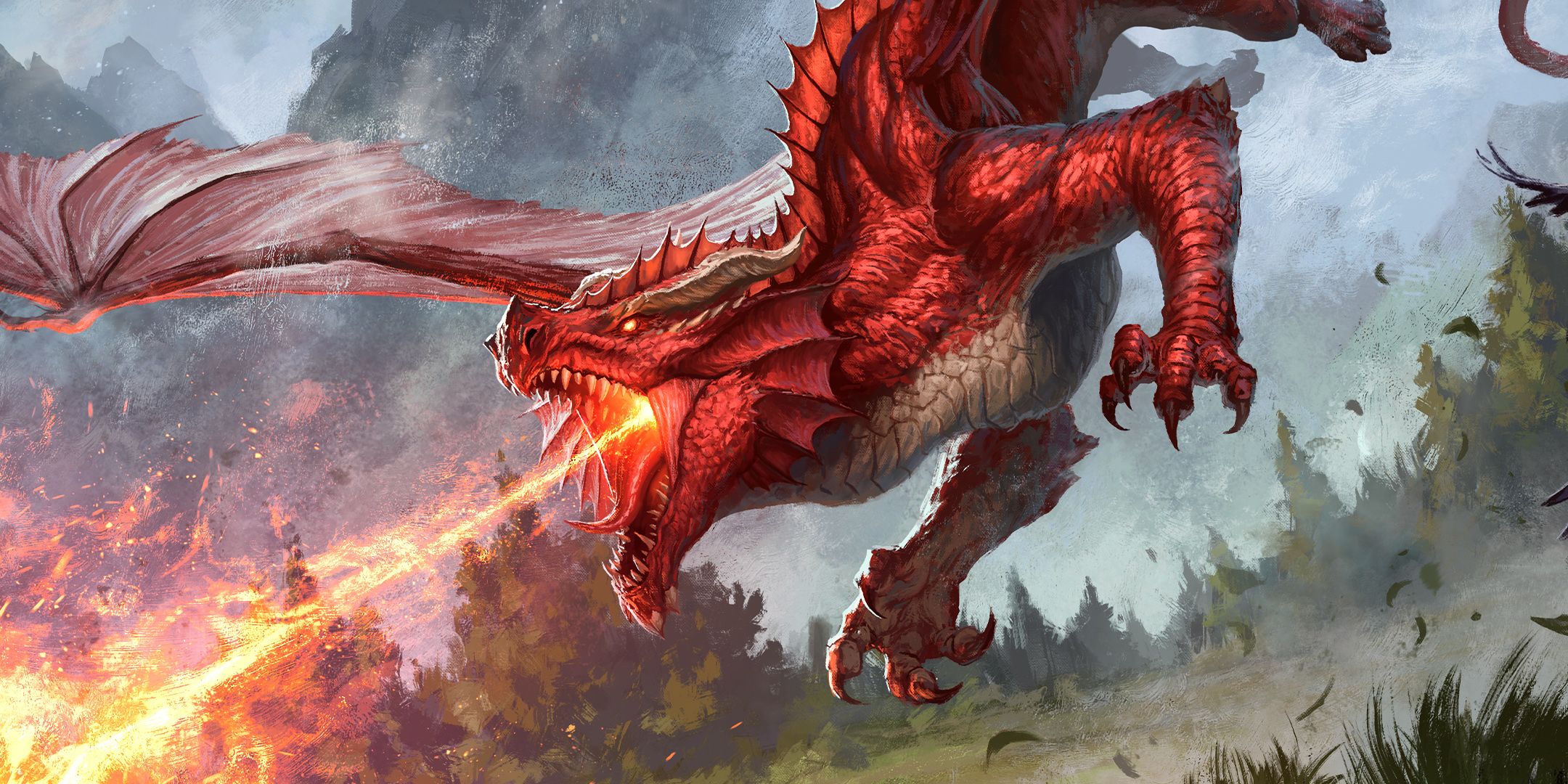 Um jovem dragão vermelho cuspindo fogo em Dungeons & Dragons.