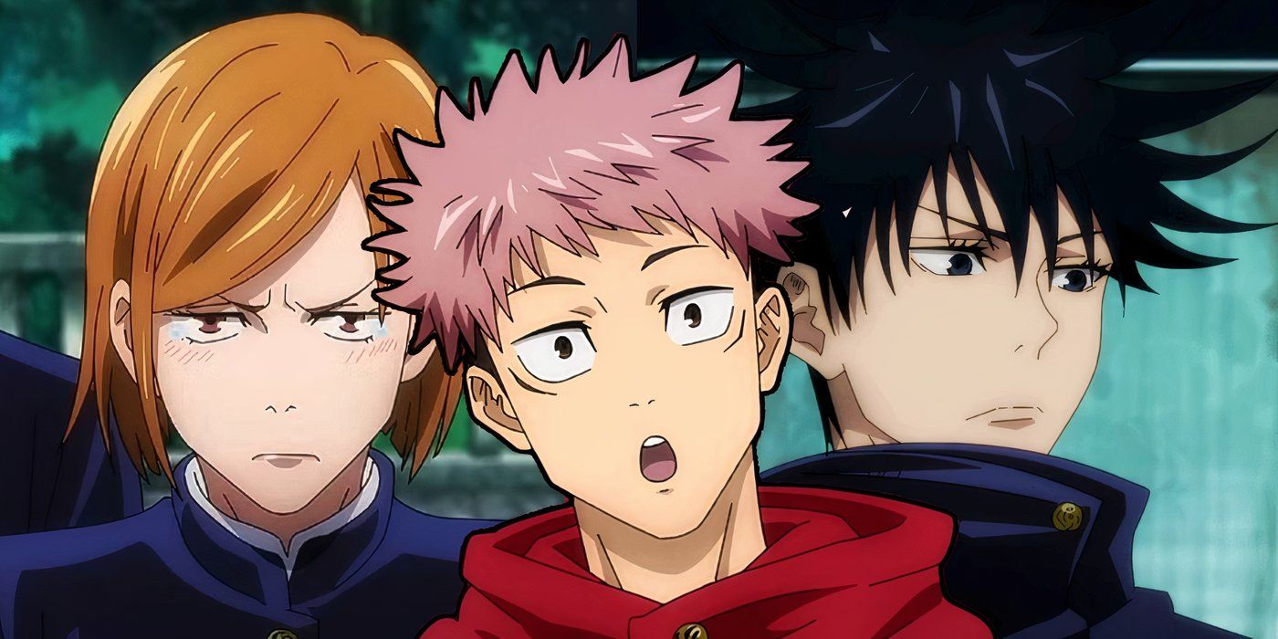 Yuji looking amazed at the jujutsu kaisen with his mouth agape and megumi and nobara behind him.