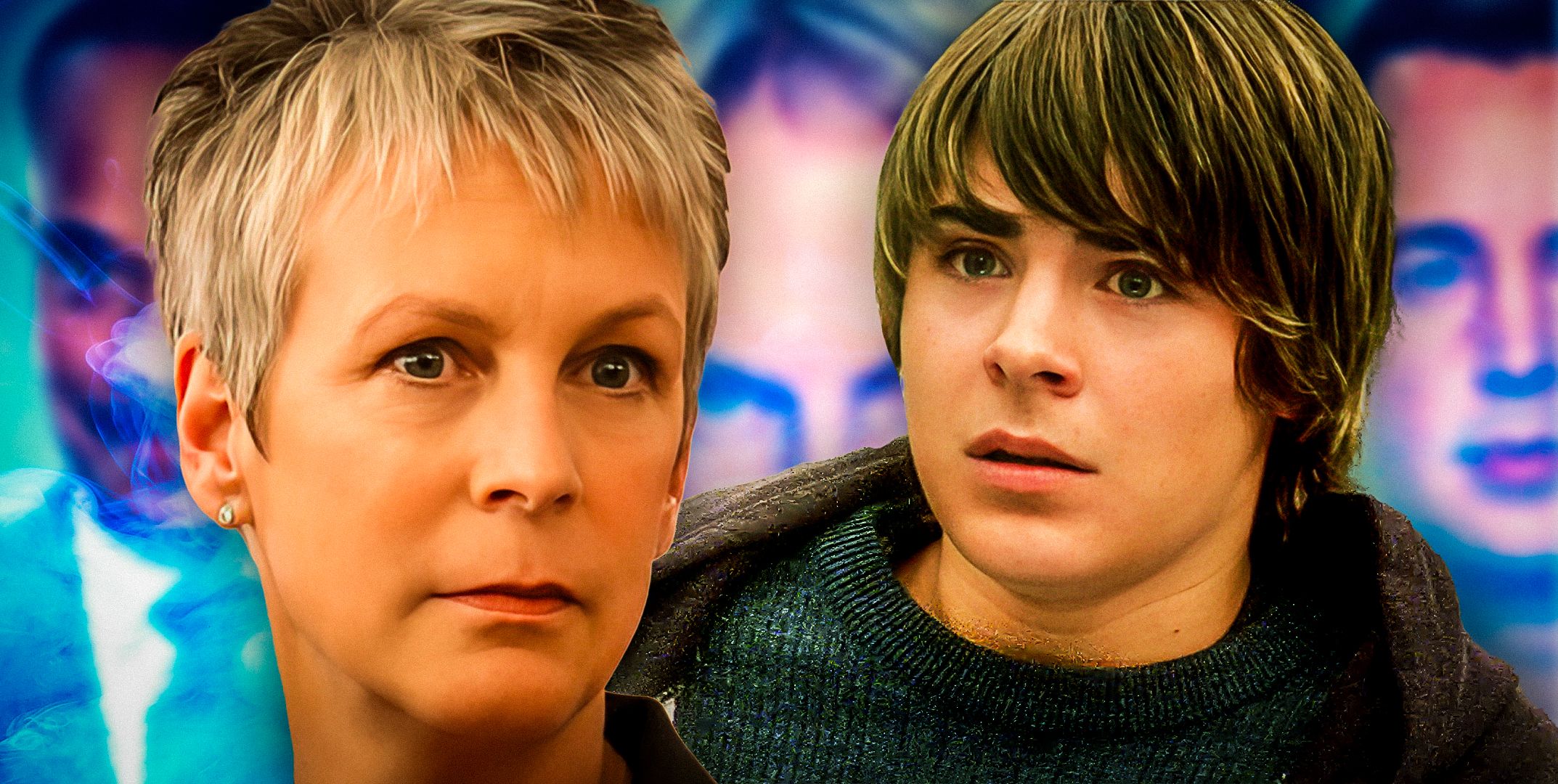 A custom image of Jamie Lee Curtis and Zac Efron using close up images of their NCIS guest characters with a blue and pink-toned background