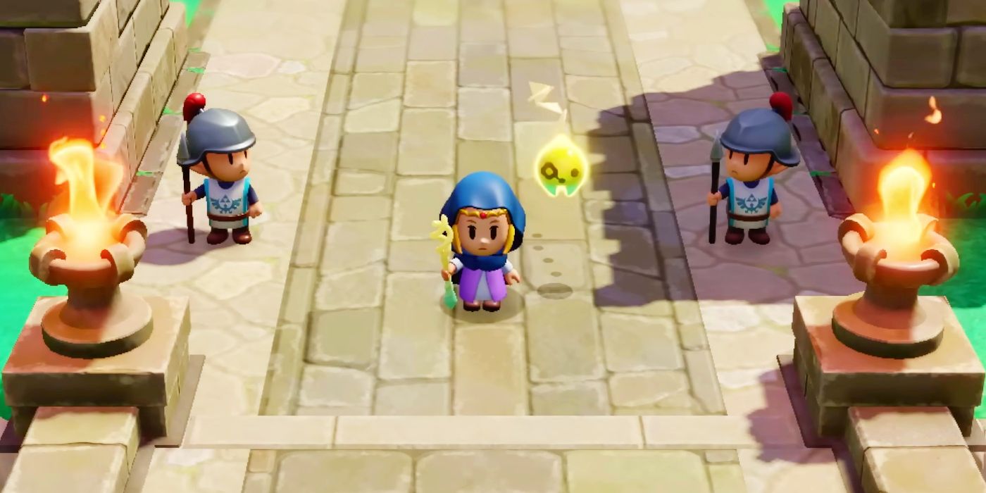 Zelda e a fada Tri em pé no portão da cidade com um guarda de cada lado.