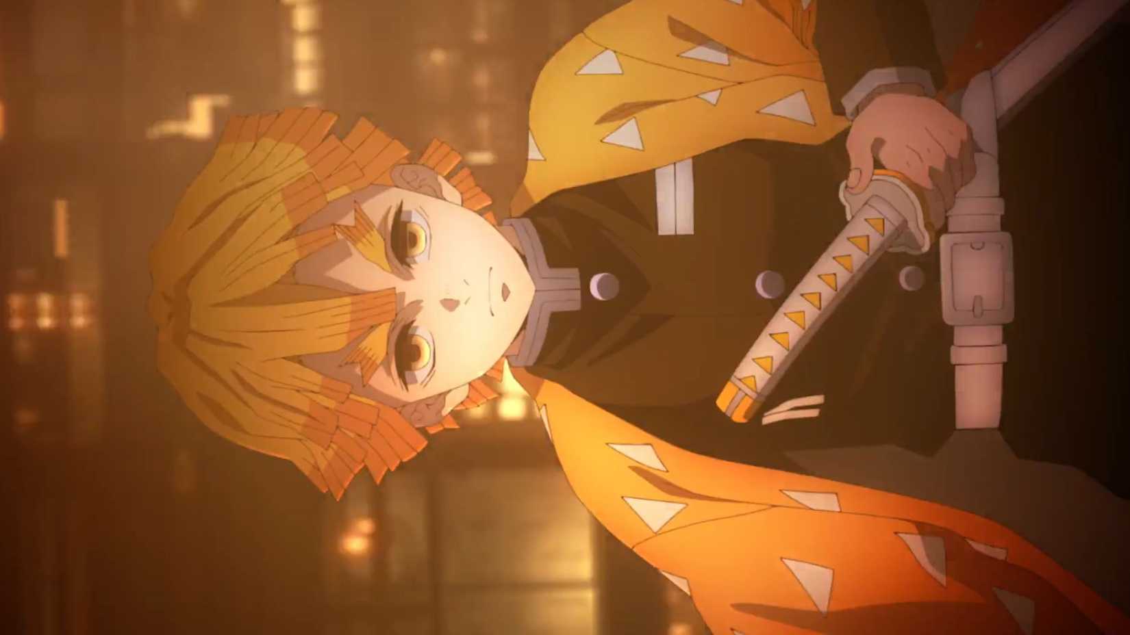 Zenitsu falling into infinity castle with a serious face