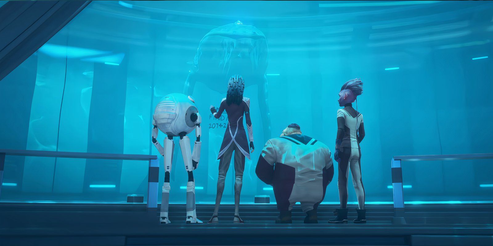 Zero, Gwyn, Jankom and Dal stand in front of Gillian the humpback whale tank in cetacean ops Star Trek Prodigy