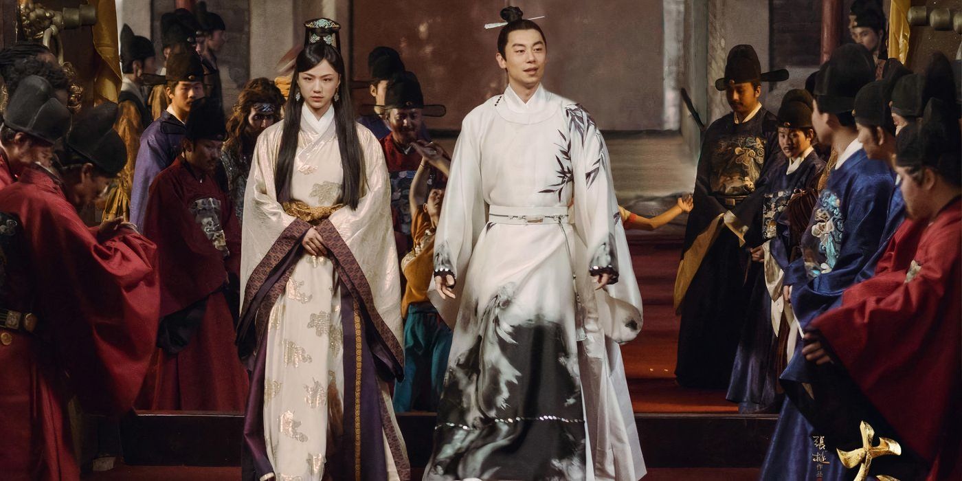 Zhu Zhanji and Sun Ruowei walking together at a gathering in Ming Dynasty