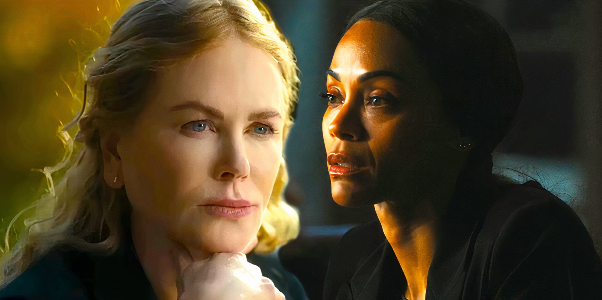 Nicole Kidman as Kaitlyn looking thoughtful next to Zoe Saldana as Joe speaking and worried in Special Ops Lioness season 1