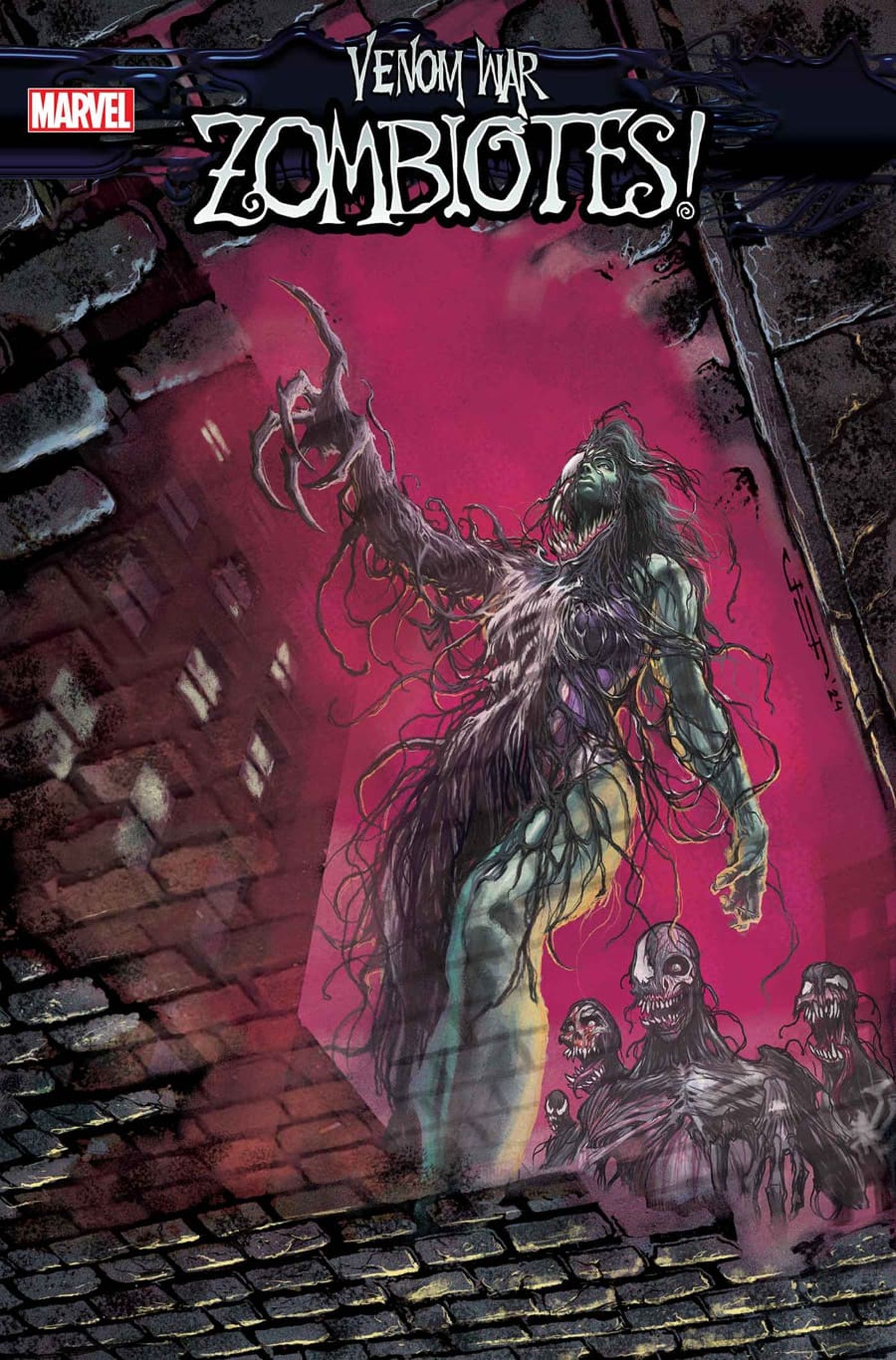 Guerra do Veneno: Zumbites! #3 Arte da capa apresentando She-Hulk controlada por Venom, liderando um bando de zumbis