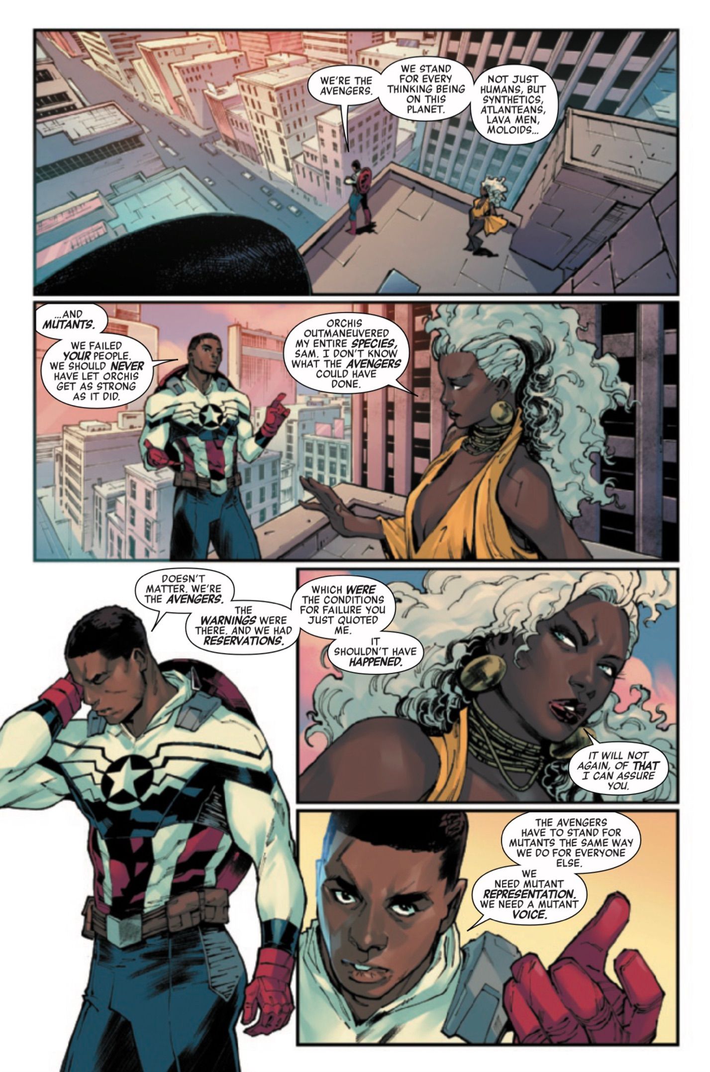 Vingadores #17 - Sam Wilson Capitão América conta a Storm por que a equipe precisa que ela se junte