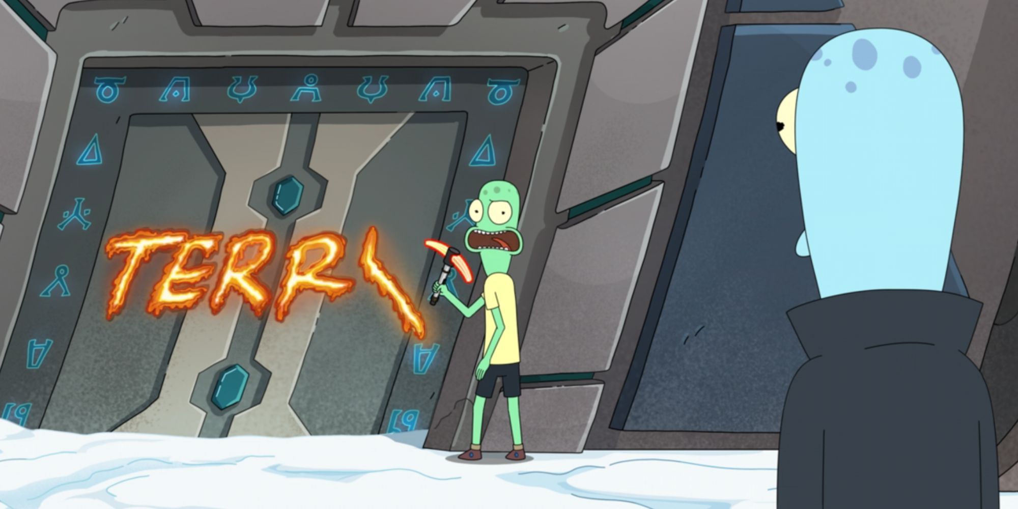 Korvo watching Terry carve his name on the Progenitors' ship in Solar Opposites