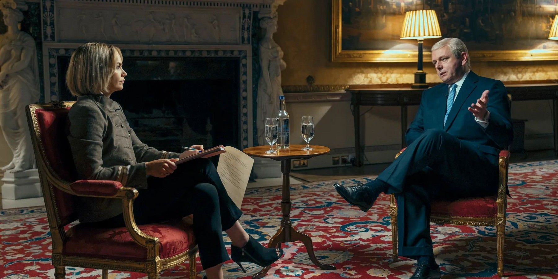 Ruth Wilson and Michael Sheen doing an interview in An Very Royal Scandal