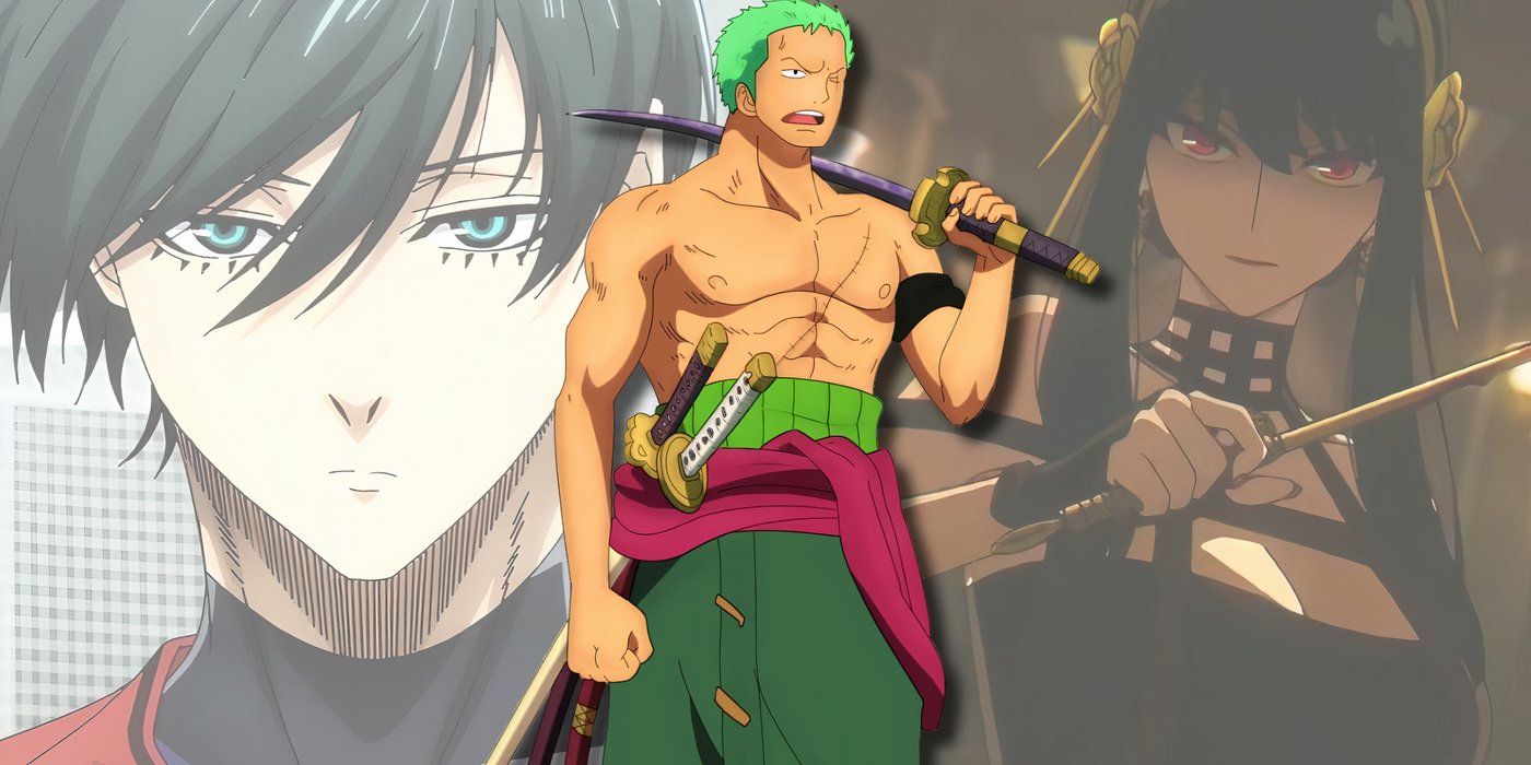 Itoshi Rin and Yor Forger in the background shadow of Roranoa Zoro holding a sword