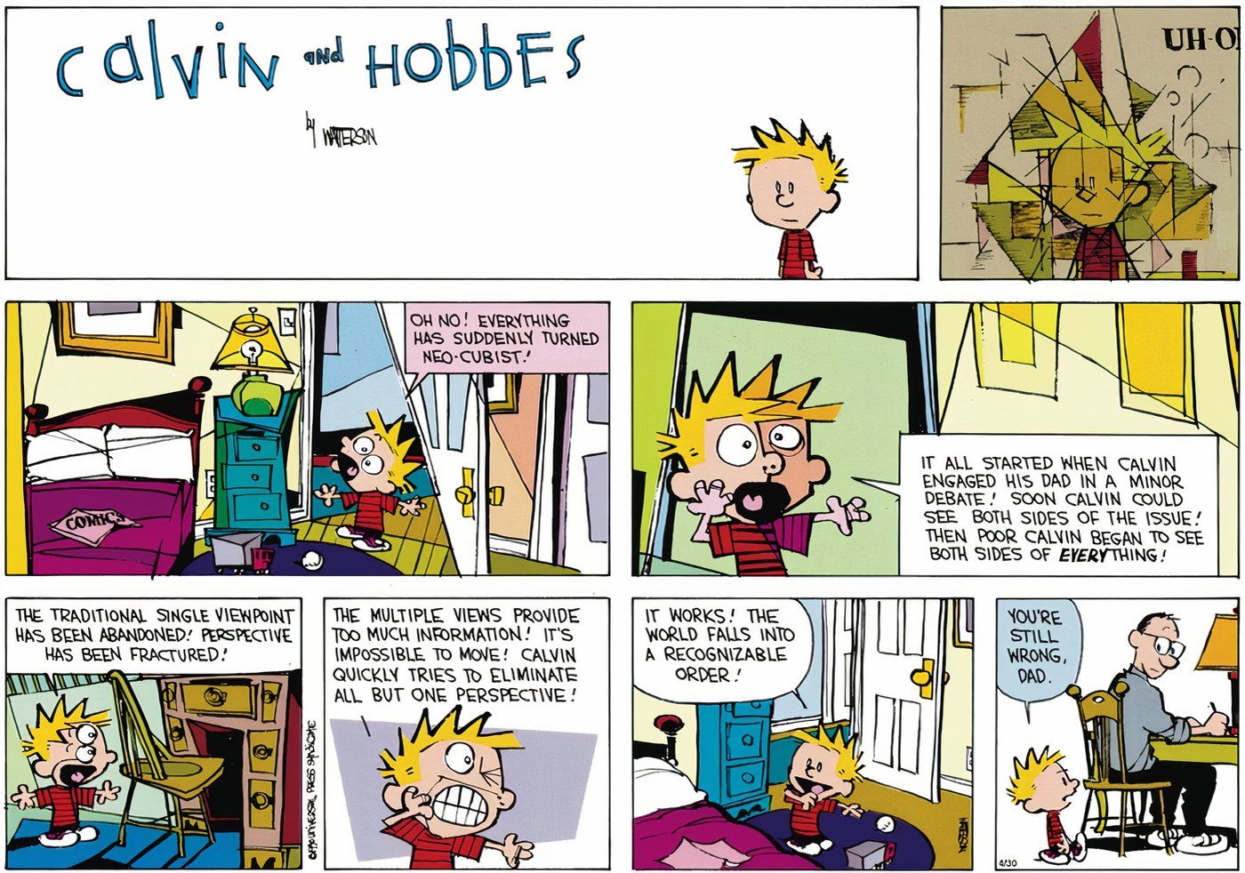 História em quadrinhos de Calvin e Hobbes com estilo cubista. 