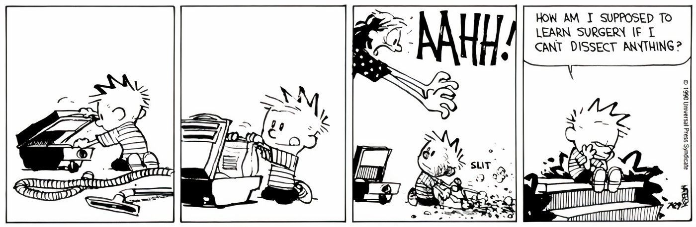 Calvin e Hobbes, Calvin desmontando o aspirador de pó da família. 