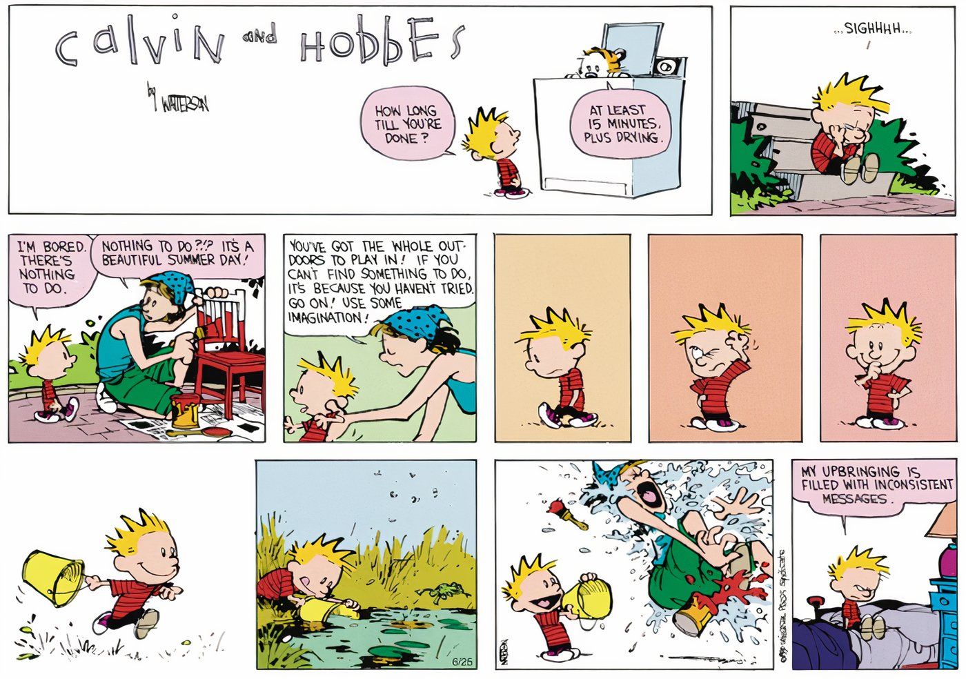 Calvin e Hobbes 'Calvin jogando um balde de água em sua mãe.