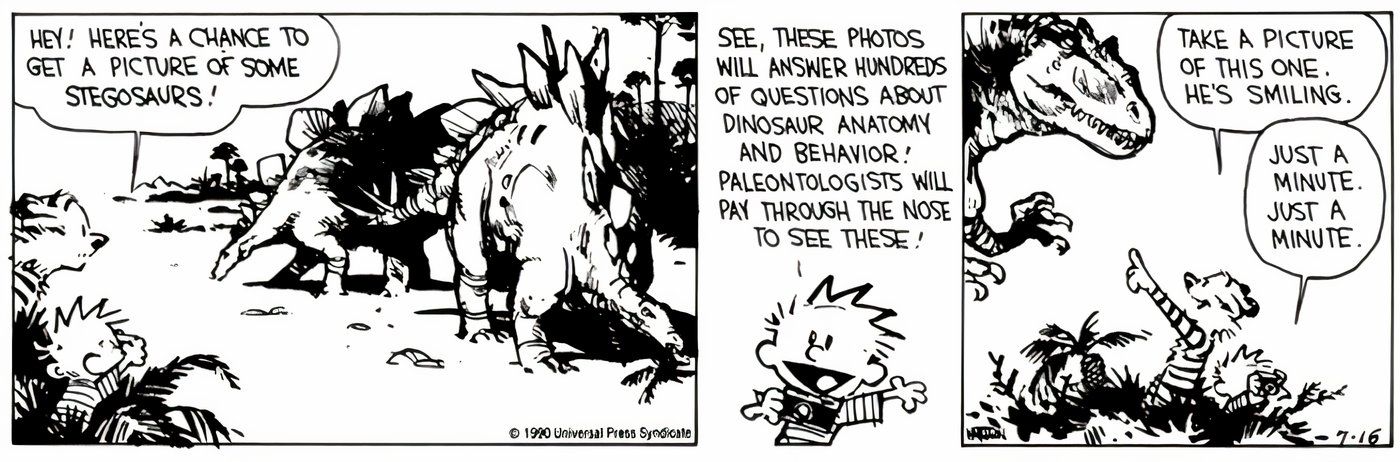 Calvin e Hobbes encontram Stegosauri e um T-Rex.